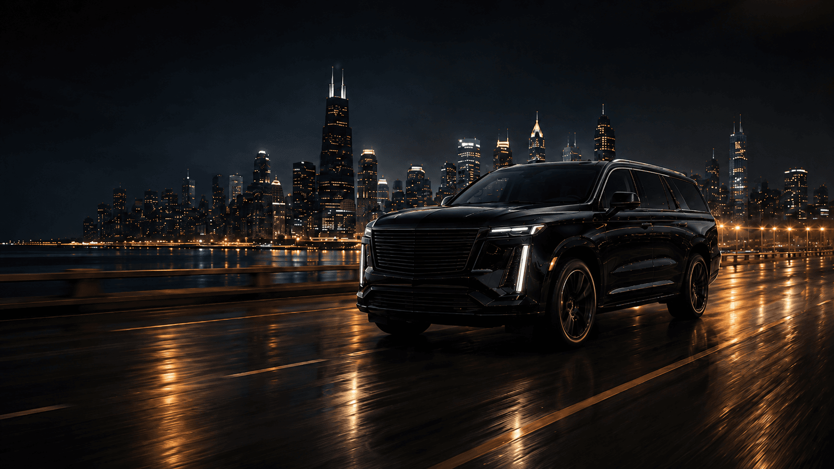Black executive SUV on a Chicago waterfront at night